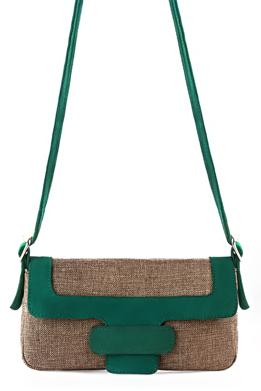 Luxueux petit sac main marron caramel et vert meraude